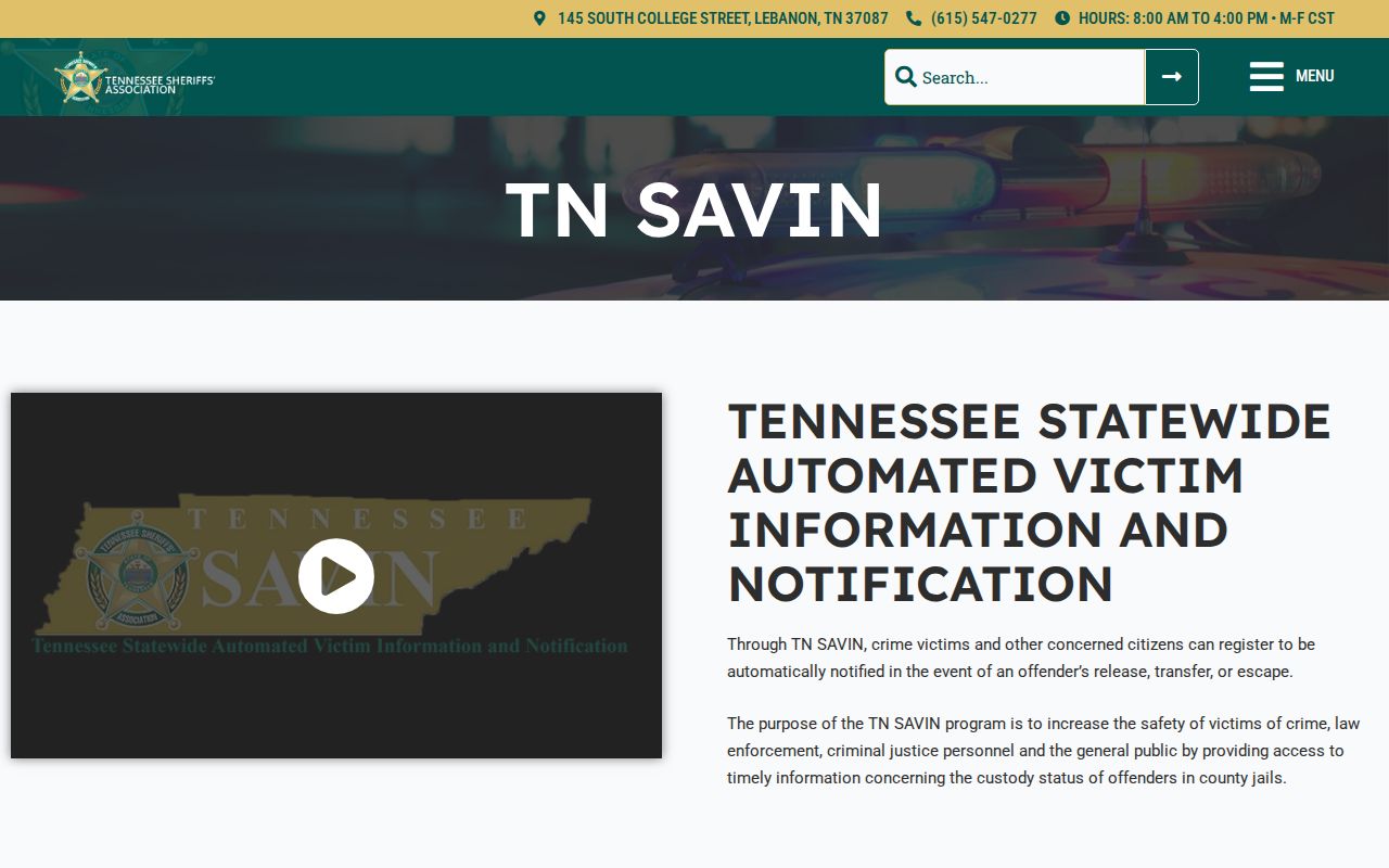 Washington County TN SAVIN arrest custody alert instructions