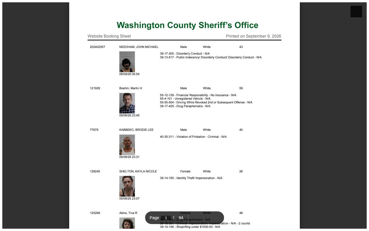 Washington County official recent arrest booking report viewer
