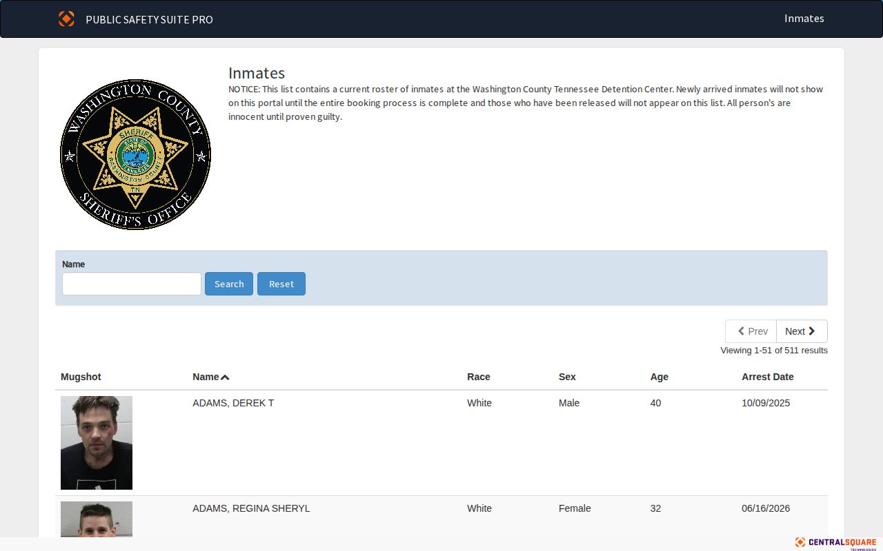 Washington County current inmate arrest roster fields