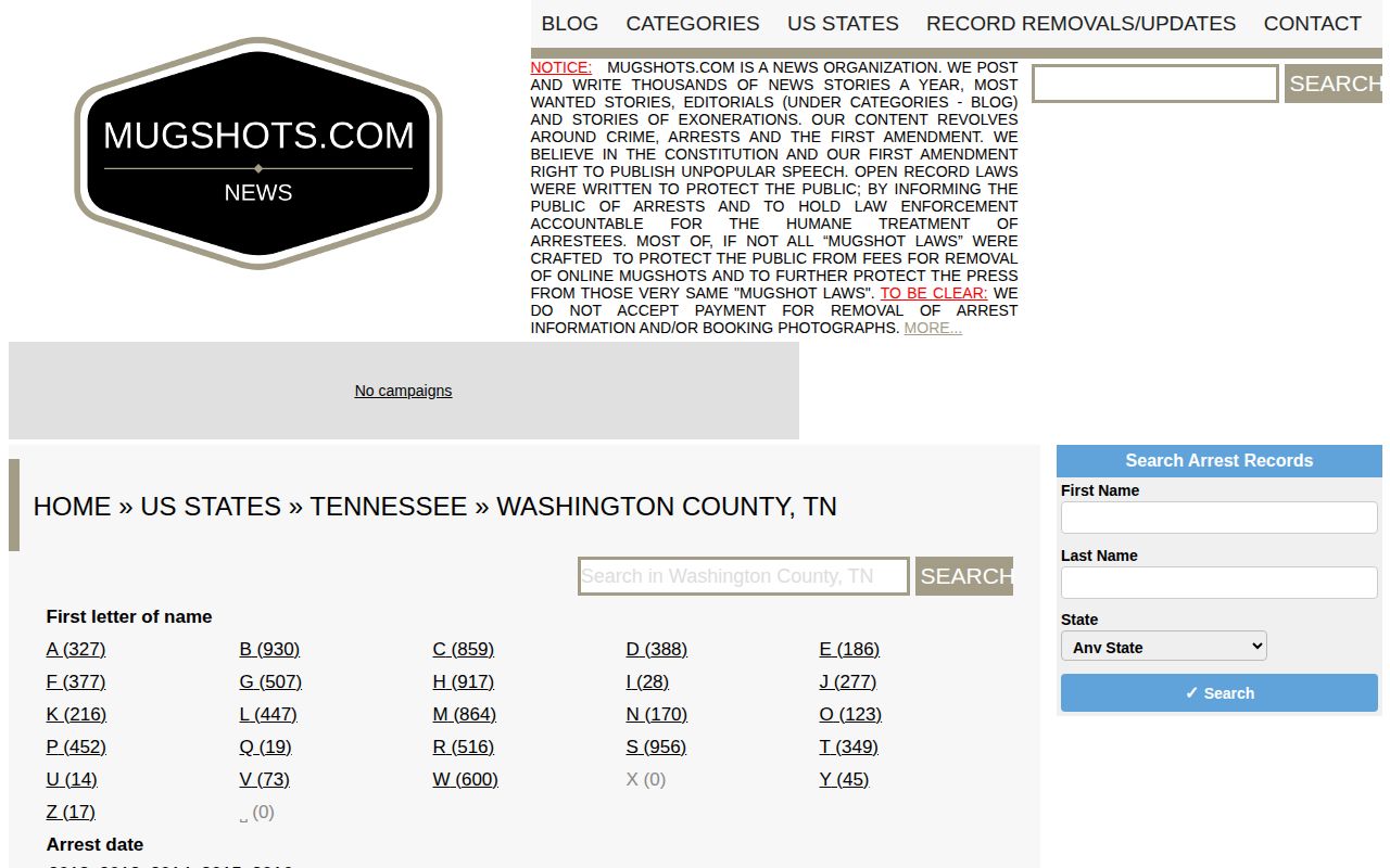 Unofficial historical Washington County arrest archive